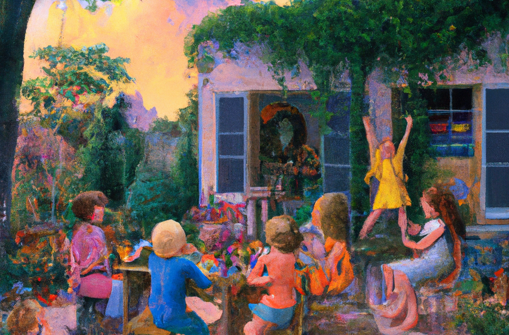 a family having a patio party in a home, colorful, anime oil painting, high resolution, ghibli inspired, 4k