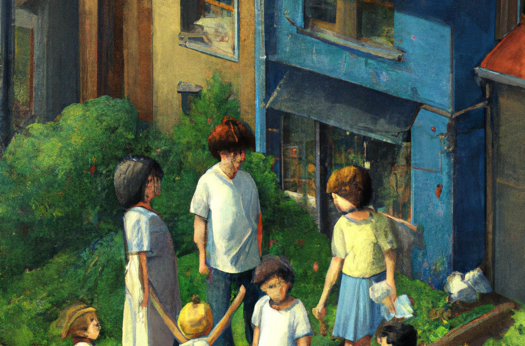 a family in a neighborhood enjoyig life, anime oil painting, high resolution, ghibli inspired, 4k